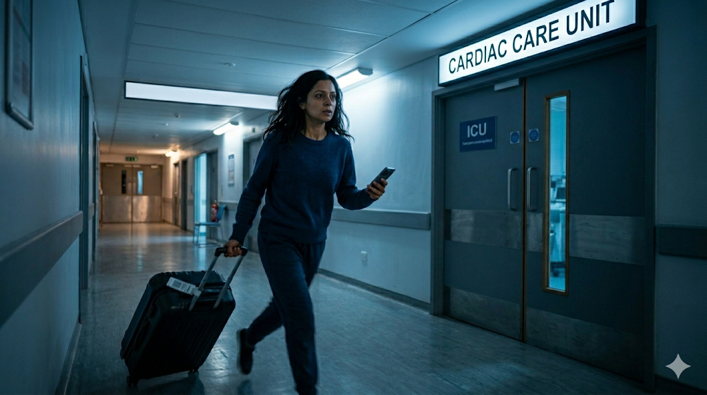 A son rushing into the Cardiac Care Unit with his suitcase